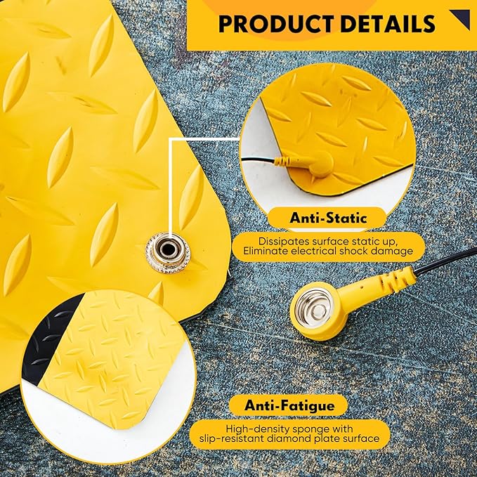 3'x12' Anti-Fatigue Mat ESD Conductive Pad with Ground Wire, Ergonomic Standing Floor Mat Heavy-Duty Diamond Plate Surface for Commercial&Industrial Work, Thick 3/4” Black with Yellow Border