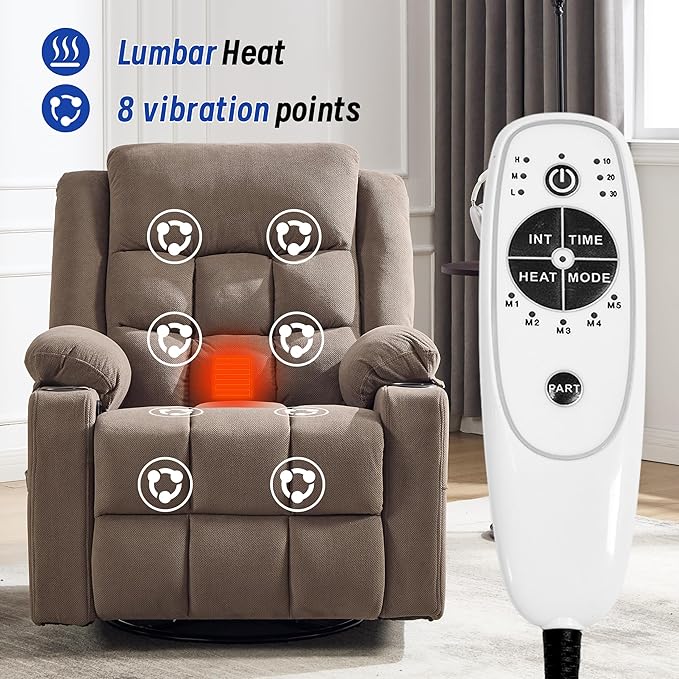 Swivel Recliner Chair for Adults with Massage and Heating,Manual Glider Rocking Recliner Chair with Cup Holds and Pockets,Reclining Rocker Chairs for Living Room Bedroom R8811 (Coffee)