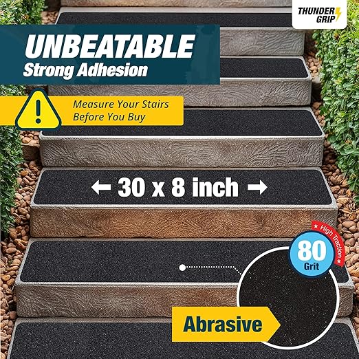 Outdoor Stair Treads Non Slip 30" x 8" - 15-Pack Weather Resistant Exterior Grip Tape for Wooden Steps - Anti Skid Strips - Waterproof 80-Grit Adhesive Treads