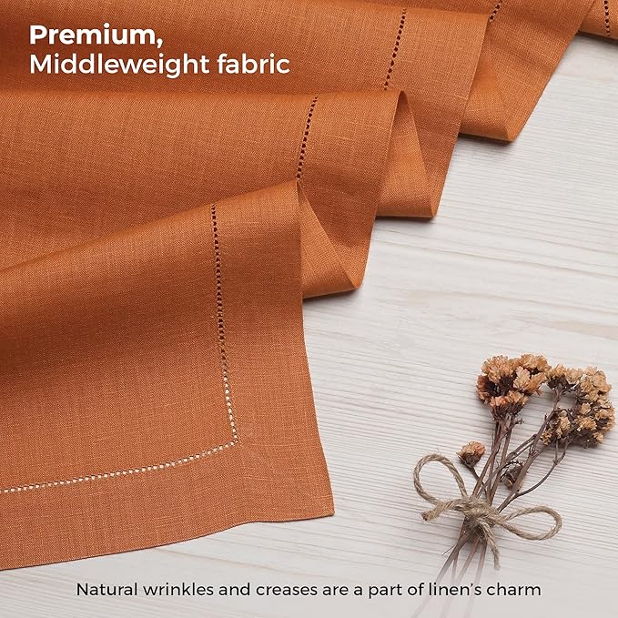 D'Moksha Homes Linen Rust Table Runner 60 Inches - Classic Hemstitch, 100% Pure Linen Coffee Table Runner 14 x 60 Inch Ideal for Dresser Tables - Spring, Easter