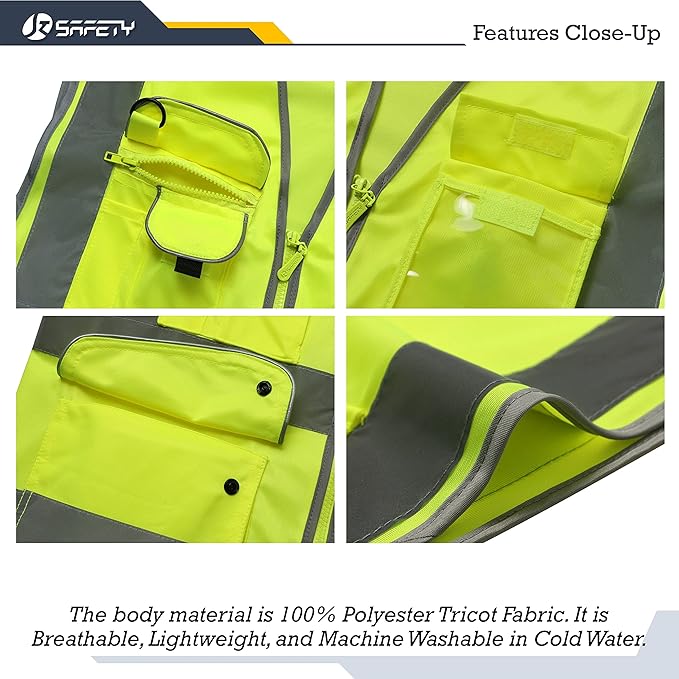 JKSafety 9 Pockets Class 2 High Visibility Zipper Front 6 Pack Safety Vest With Reflective Strips,Meets ANSI/ISEA Standard （155 Yellow XXL