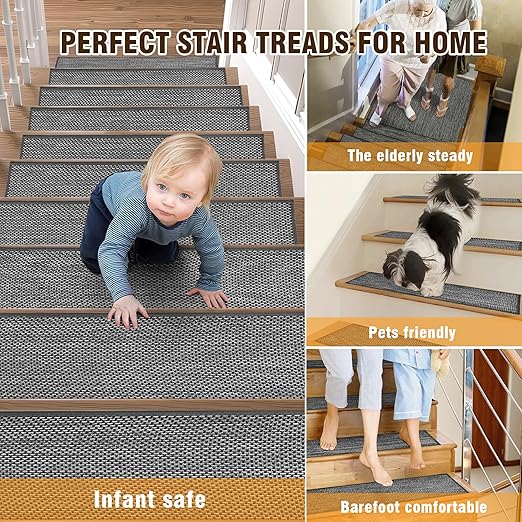 Deerly Carpet Stairs Runner Non Slip 7pcs Breathable Linen Stair Runner for Wooden Steps Peel and Stick Stair Treads Indoor Absorbent Staircase Covers Mat with Self-Adhesive Backing 8"X30" Black White
