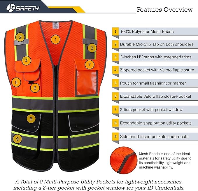 JKSafety 9 Pockets High Visibility Dual Color Zipper Front MESH Lite Safety Vest | Yellow Color Triming Reflective Strip | ANSI/ISEA Standards (100-Orange-Black,3XL)