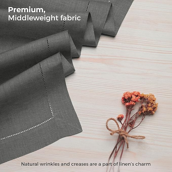 D'Moksha Homes Linen Charcoal Grey Table Runner 84 Inches Long - 100% Pure Linen Table Runner 14 x 84 Inch for Spring, Easter - Classic Hemstitch