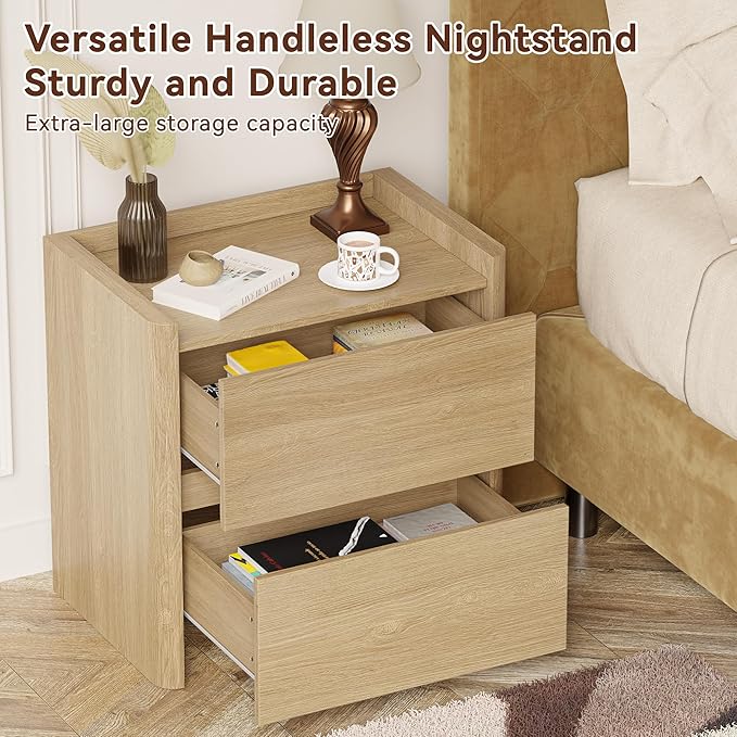 Nightstand with 2 Storage Drawer, Modern End Table for Bedroom with Cut-Out Handle, Large Night Stands for Bedroom, Home Office, Set of 1, Oak
