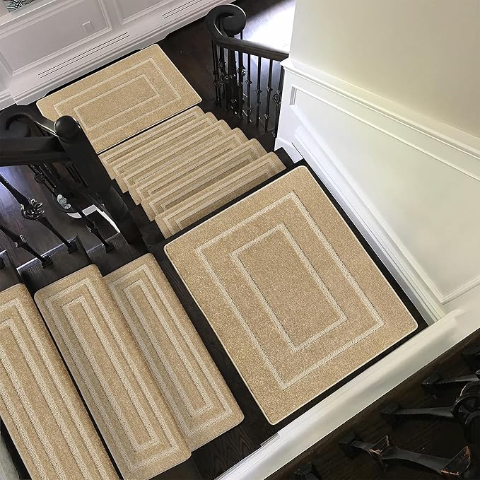 PURE ERA Bullnose Carpet Stair Treads Set Tape Free Non-Slip Indoor Stair Protectors Pet Friendly Rugs 9.5" x 30"(2 Pieces,Khaki Rectangular)