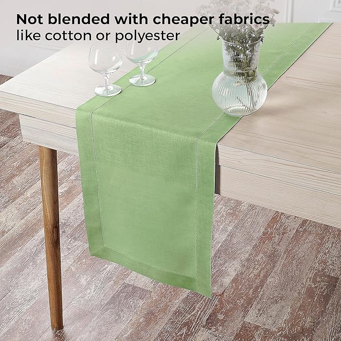 D'Moksha Homes Linen Sage Green Table Runner 120 Inches Long - 100% Pure Linen Hemstitch 14 x 120 Inch Table Runner for Dining, Spring, St Patricks Day, Easter - Classic Hemstitch