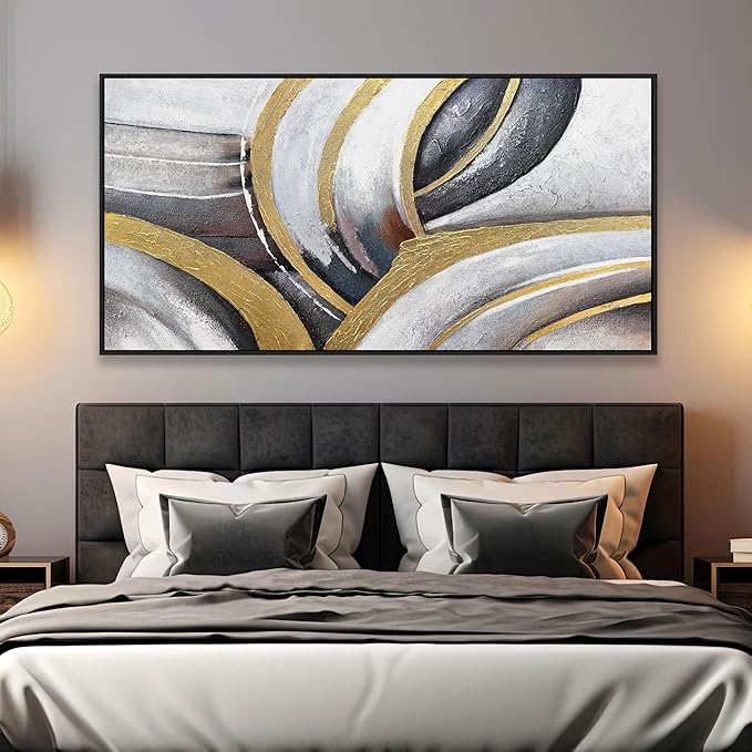 Framed Abstract Wall Art Black White and Gold Abstract Painting Canvas Wall Artwork Modern Home Wall Decor for Living Room Bedroom Office 24"x48"