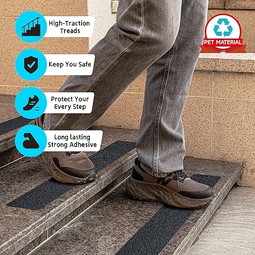 LifeGrip Anti Slip Traction Treads (10-Pack), 4 inch X 30 inch, Best Grip Tape Grit Non Slip, Outdoor Non Skid Tape, High Traction Friction Abrasive Adhesive for Stairs Step, Black (4" X 30" X 10P)
