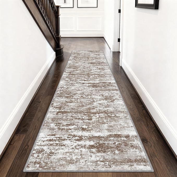 Hallway Runner Rug Ultra Non-Slip 2.6x8 Washable Kitchen Rug Abstract Tear and Stain Resistance No Pile Lightweight Runners for Entryway, Walkway, Bedside, Entrance, Brown