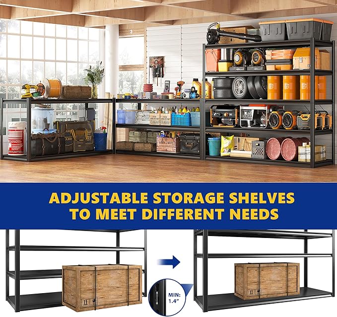 REIBII Garage Shelving 48.2" W Storage Shelves 3000LBS Metal Shelving Heavy Duty Adjustable Metal Shelf 5 Tier Pantry Shelves for Basement Warehouse Supermarket 72.2" H x 24.2" D x 48.2" W, 4 Pac
