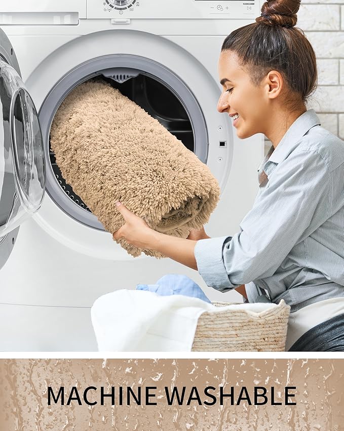 Bathroom Rugs 70x24, Ultra Thick Shaggy Soft Microfiber Absorbent Bath Rug, High Density Foam Latex Non Slip Backing, Machine Washable Bath Mats for Bathroom Floor & Sink, Beige