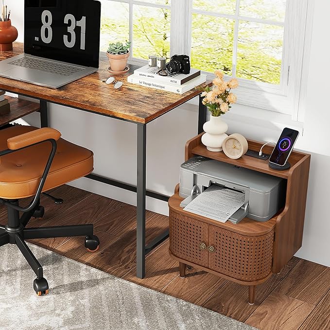 Metal Rattan End Table with Charging Station, Mid Century Modern Nightstand with 2 Doors, Bed Side Table with Storage for Couch,Living Room,Small Spaces, Sofa Side Table for Office,Dorm - Walnut