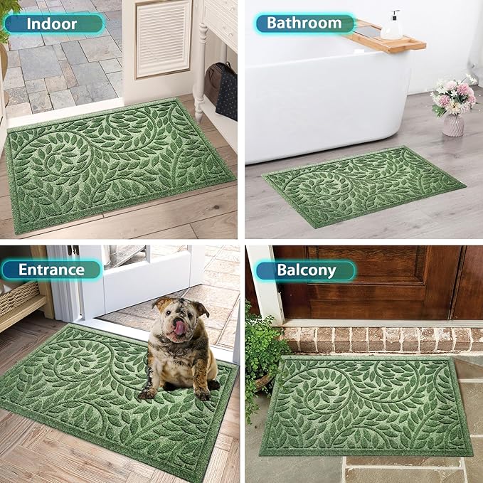Bulijojo Front Door Mat Entrance,Durable Heavy Duty Welcome Mat,Thick Absorbent Natural Rubber Non Slip Mat,Sturdy Entryway Green 23"x35"