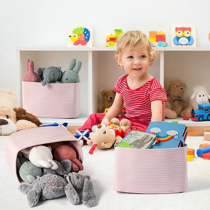 Cotton Rope storage Basket Bins Woven Basket for Organizing Shelves 15X10X9.3" Rectangle Decorative Baskets For storage Clothes Toys Books Towels Nursery basket organizer 3 pack light pink