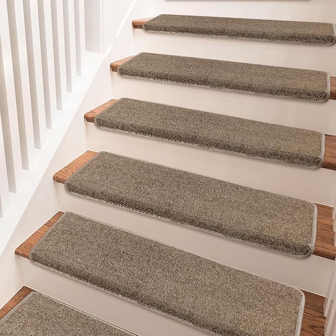 PURE ERA Bullnose Carpet Stair Treads Set Tape Free Non-Slip Indoor Stair Protectors Pet Friendly Rugs Covers Soft Skid Resistant Washable Reusable 9.5" x 30"(14 Pieces, Camel Brown)