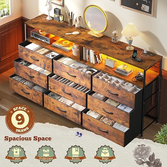 55" W Dresser for Bedroom with 9 Drawers, LED TV Stand with Power Outlets for 45, 55, 65 Inch TV, Sturdy Long Chest of Drawers with Extra 2 Wooden Shelves, Rustic Brown