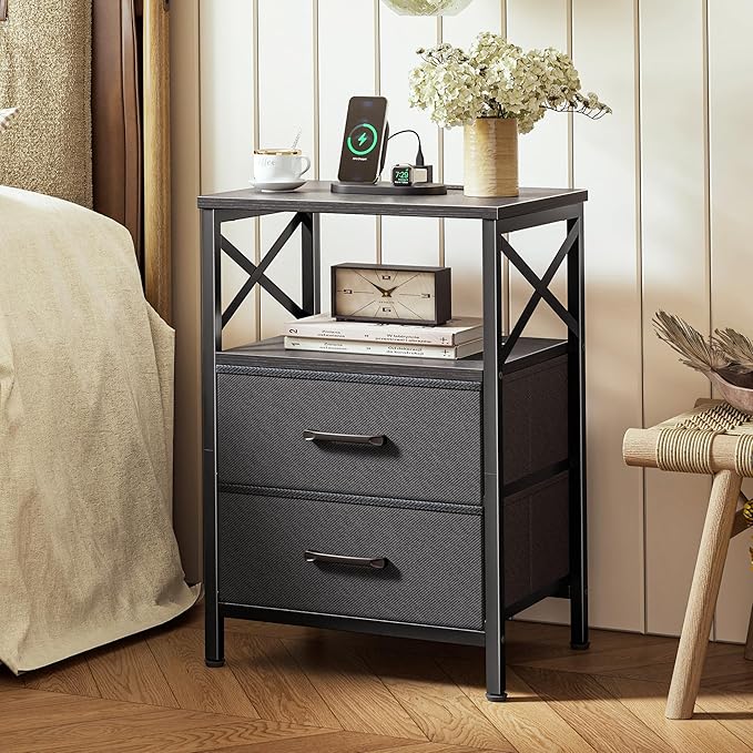 Huuger Night Stand with Charger Station, 2 Drawer Nightstand with Open Shelf, Bed Side Table with USB-C Port, End Table, Compact Size for Small Spaces, X Shaped Side Rail, Black