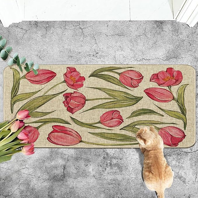 Welcome Spring Door Mat Tulip Flowers Floral Doormat Indoor Outdoor Entrance Outdoor Rug Low-Profile Floor Rug Non Slip Spring Summer Decor Rubber Mats for Home Decoration 17x36Inch