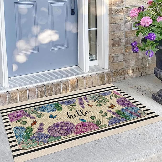 Welcome Spring Door Mat Hydrangea Flowers Floral Doormat Indoor Outdoor Entrance Outdoor Rug Low-Profile Floor Rug Non Slip Spring Summer Decor Rubber Mats for Home Decoration 17x36Inch