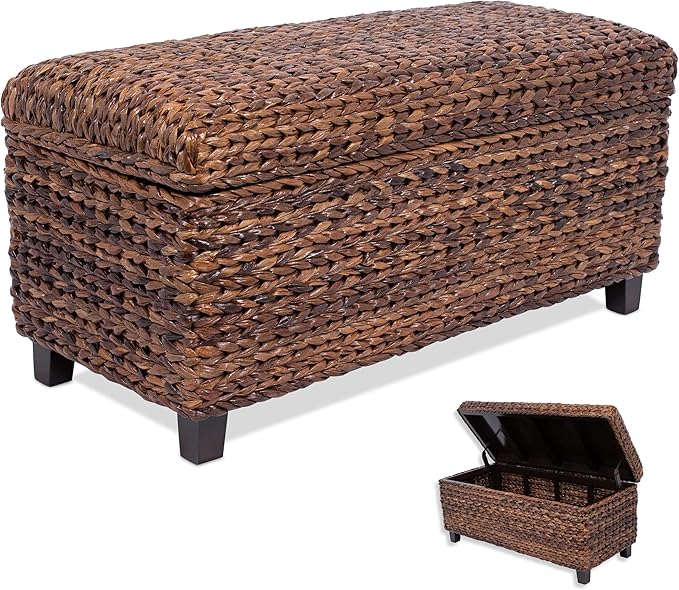 BIRDROCK HOME Abaca Storage Bench – Hand-Woven Wicker Entryway Bench w/Lift-Top Hidden Storage, Solid Wood Frame - 36.25” x 16” x 18”