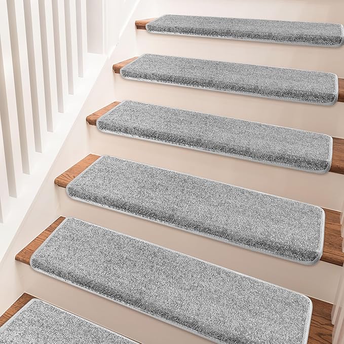 PURE ERA Bullnose Carpet Stair Treads Set Tape Free Non-Slip Indoor Stair Protectors Pet Friendly Rugs Covers Soft Skid Resistant Washable Reusable 9.5" x 30"(2 Pieces,Light Gray)