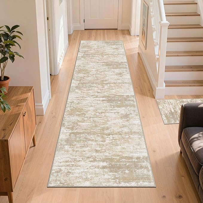 Runners for Hallways Non-Slip 2x8 Washable Kitchen Rug Abstract Tear and Stain Resistance No Pile Hand-Woven Style Lightweight Runners for Entryway, Laundry Room, Bedside, Beige/Yellow