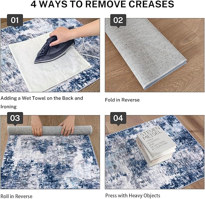 Modern Abstract Hallway Runner Rug, Grey Navy Blue 2.6x8 Runner Rug, Washable Kitchen Runner Non-Slip Soft Thin Print Faux Wool Carpet for Entryway Bedroom Laundry Room Indoor