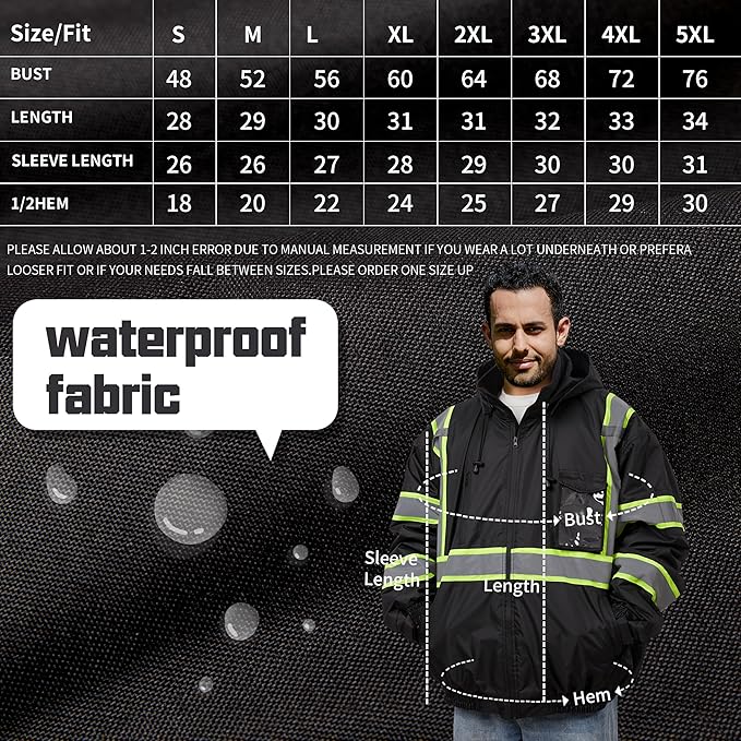 sesafety Reflective Jacket for Men, High Visibility Jackets, Safety Jackets for Men, Hi Vis Construction Bomber Jackets Waterproof with Pockets and Zipper, Black Bottom, Class 3