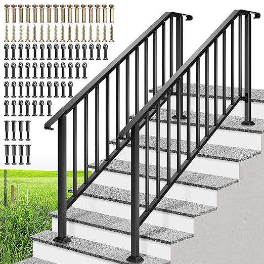 VIVOHOME 2-Pack 6 Step Galvanized Steel Hand Rails for Outdoor Steps – Curved Ends and Safety Balusters Exterior Railing for Porch, Deck, or Indoor Stairs, Complete Installation Kit