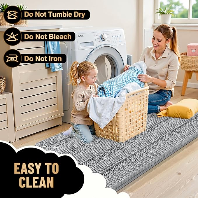OLANLY Thick Bathroom Rugs 70x24, Extra Soft Absorbent Chenille Striped Bath Rugs, Rubber Backing, Machine Wash Dry, Bath Mats for Bathroom Floor, Tub and Shower, Home Decor Accessories, Light Grey