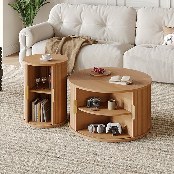 Merax Mid Century Coffee Table Set with Sliding Tambour Door, Round Coffee Table with Storage, Fluted Accent Center Tables for Living Room, Office, Small Space, Natural