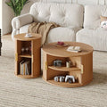 Merax Mid Century Coffee Table Set with Sliding Tambour Door, Round Coffee Table with Storage, Fluted Accent Center Tables for Living Room, Office, Small Space, Natural