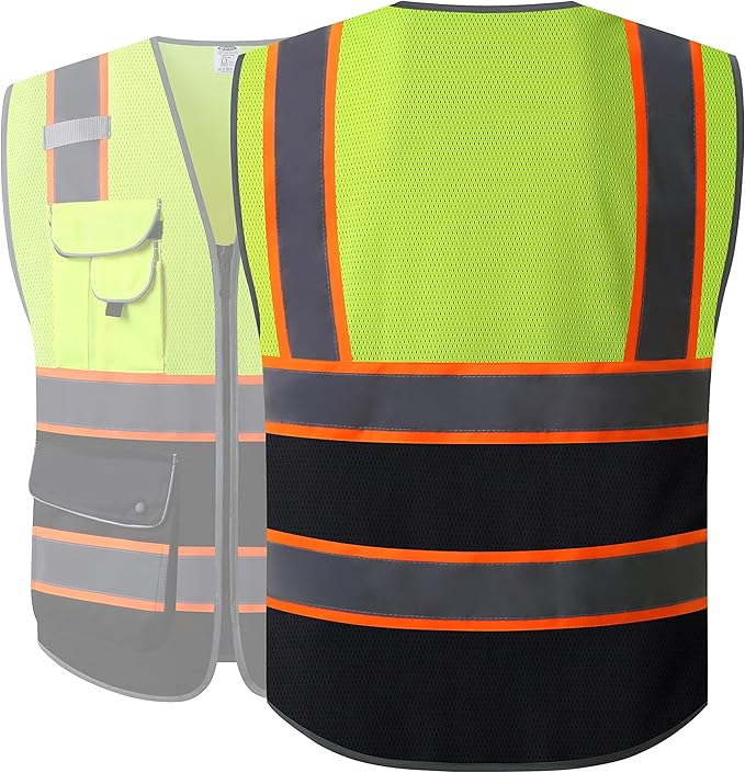 JKSafety 9 Pockets High Visibility Dual Color Zipper Front MESH Lite Safety Vest | Orange Color Triming Reflective Strip | ANSI/ISEA Standards (100-Yellow-Black, L)