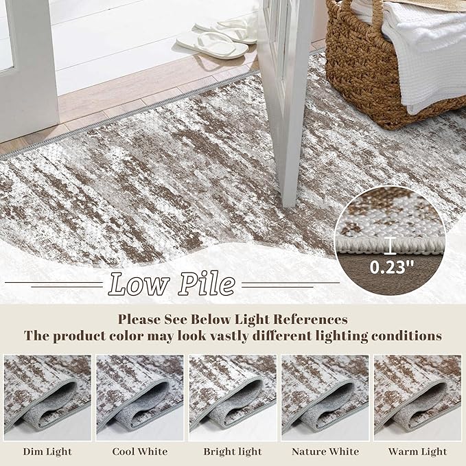 Abstract Washable Runner Rug 2x6, Brown Non-Slip Hallway Rug, Woven Non-Shedding Thin Runners for Entryway, Kitchen, Laundry Room