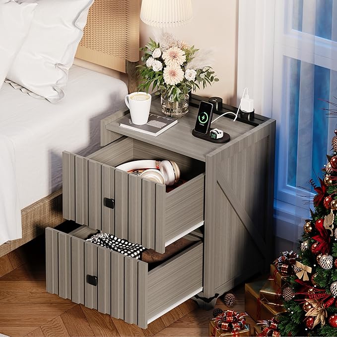 Night Stand with Slidable Charging Station,Nightstands with 2 Drawers,Farmhouse EndTable and Bedside Table,Small Side Table for Bedroom（Newly Upgraded）