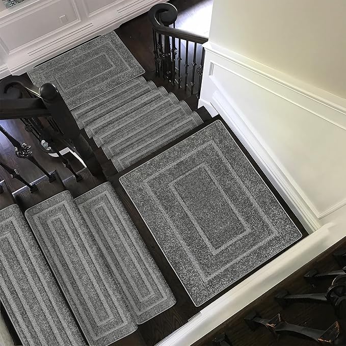 PURE ERA Bullnose Carpet Stair Treads Set Tape Free Non-Slip Indoor Stair Protectors Pet Friendly Rugs 9.5" x 30"(14 Pieces,Grey Rectangular)