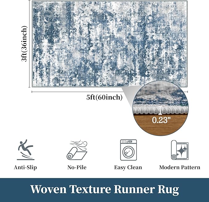 3x5 Area Rug Washable Entryway Rug Non Slip Abstract Tear and Stain Resistance No Pile Lightweight Throw Rugs Carpet for Kitchen, Entrance, Foyer, Bedside, Mudroom, Blue