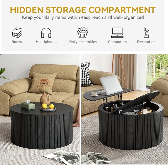 Round Fluted Lift Top Coffee Table, Mid Century Modern Center Table with Storage and Compartment, 2 Tier Small Circle Dining Table, for Living Room, Home Small Space, Black Oak