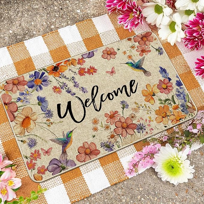 Wildflower Welcome Doormat 17"x29", Flower Spring Door Mat Indoor Entrance, Indoor Front Door mat, Non Slip Outdoor Entrance Mats, Low Profile Design Patio Porch Entryway Mats