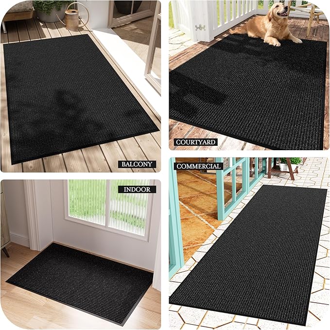 Front Door Mat 3' x 10', Heavy Duty Large Commercial Floor Mats, Non-Slip Low Profile Door Mat Outside Entrance, Absorbent & Resist Dirt, Easy Clean Welcome Entry Mat Indoor Outdoor Rug, Black