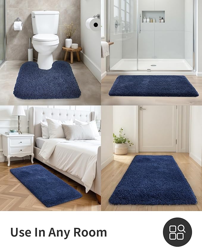 ILANGO Navy Blue Toilet Rugs U Shaped 22" × 24" Non Slip & Super Absorbent Extra Thick Soft, Washable Bath Mats for Bathroom Floor, Microfiber Plush Shaggy Contour Bath Rugs for Toilet,Dry Quick