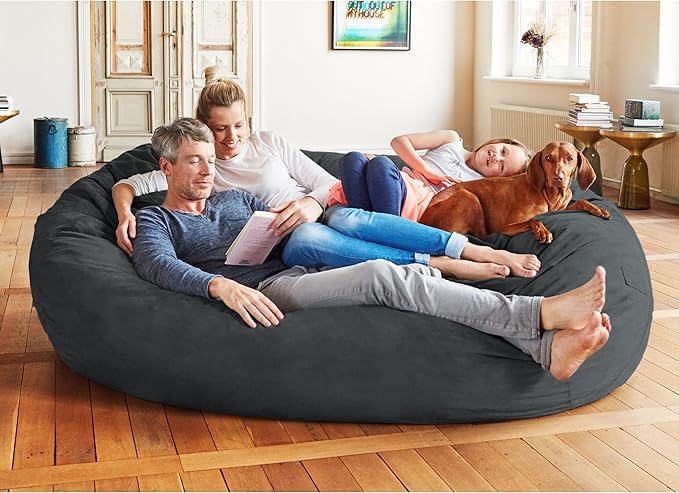 Lumaland Luxurious Giant 7ft Bean Bag Chair with Microsuede Cover - Ultra Soft, Foam Filling, Washable XXL Bean Bag Sofa for Kids, Teenagers, Adults - Sack Chair for Dorm, Family Room - Black