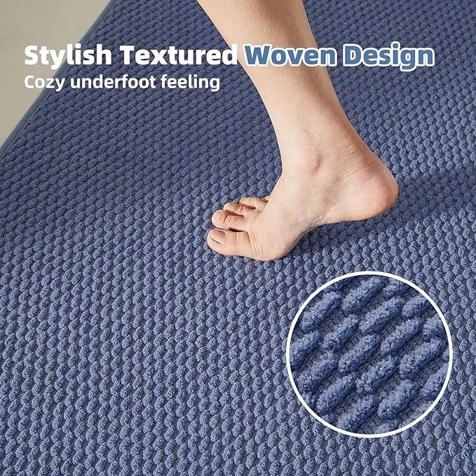 Bathroom Rugs Non Slip Washable, Super Absorbent Thin Bath Mat Quick Dry Low Pile Bathroom Rug, Denim Blue 20"x48"