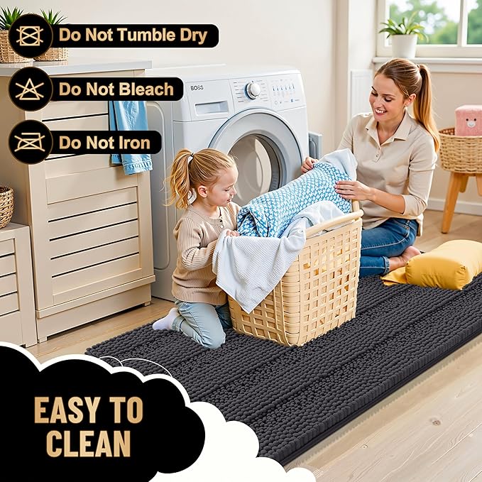 OLANLY Thick Bathroom Rugs 24x16, Extra Soft Absorbent Chenille Striped Bath Rugs, Rubber Backing, Machine Wash Dry, Bath Mats for Bathroom Floor, Tub and Shower, Home Decor Accessories, Dark Grey