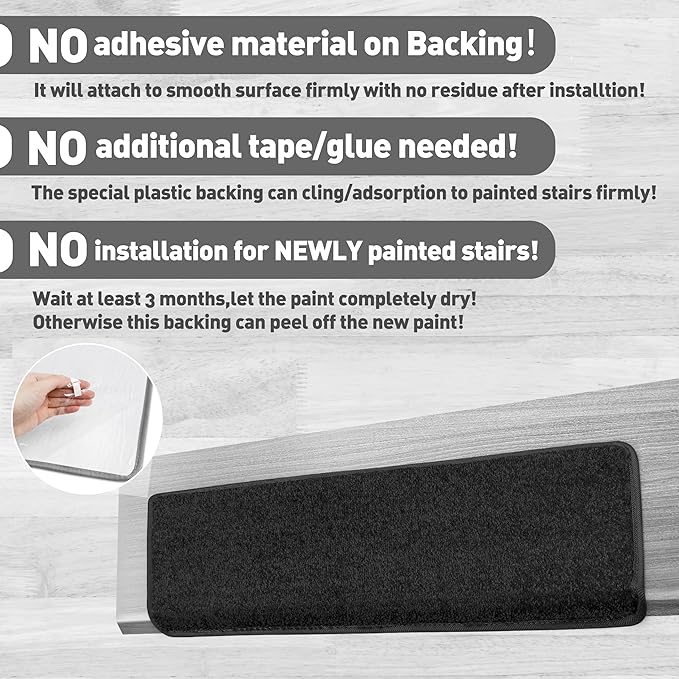 PURE ERA Bullnose Carpet Stair Treads Set Tape Free Non-Slip Indoor Stair Protectors Pet Friendly Rugs Covers Soft Skid Resistant Washable Reusable 9.5" x 30"(2 Pieces,Black)