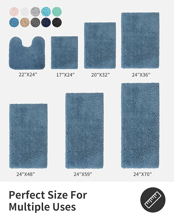 ILANGO Blue Toilet Rugs U Shaped 22" × 24" Non Slip & Super Absorbent Extra Thick Soft, Washable Bath Mats for Bathroom Floor, Microfiber Plush Shaggy Contour Bath Rugs for Toilet,Dry Quick