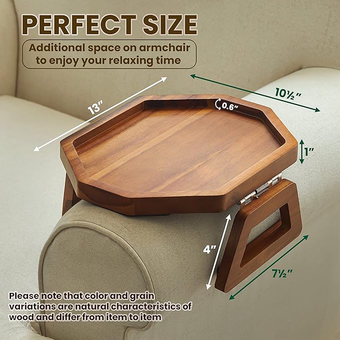 Tinamo Octagonal Acacia Sofa Arm Tray, Couch Armrest Table with Folding Arms - Armchair Caddy, Clip on Tray with Adjustable Arm Hinges for Home Sofa Living Room (Acacia, Octagon)