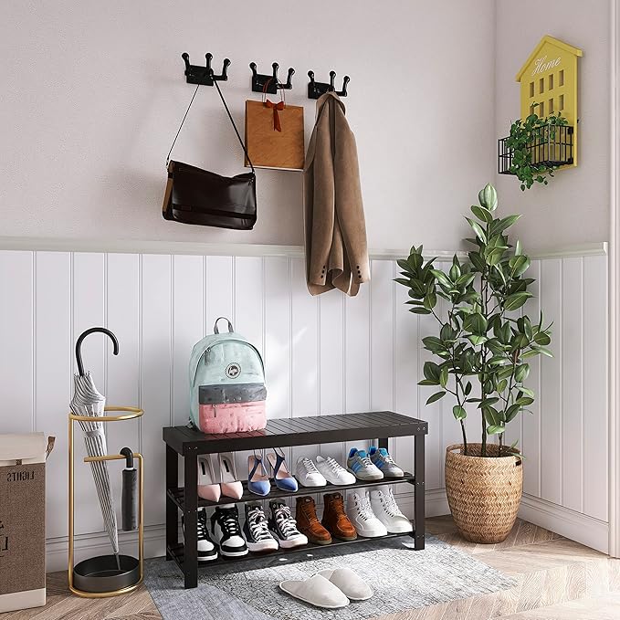 SMIBUY Bamboo Shoe Rack Bench, 3-Tier Shoe Organizer Storage Shelf for Entryway Hallway Bathroom Living Room (Black)