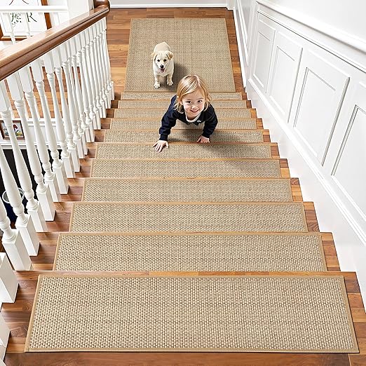 Chenille Stair Treads Non Slip 10pcs Comfortable Stair Runner for Wooden Steps Rubber Backing Stairs Carpet Treads Indoor Staircase Covers Mat with Rubber Backing for Pets Kids 8"X30" Beige